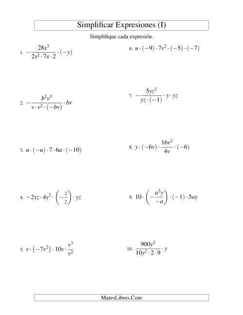 La hoja de ejercicios de Simplificar Expresiones Algebraicas, Multiplicación y División, Dos Variables, Cinco Términos (I)