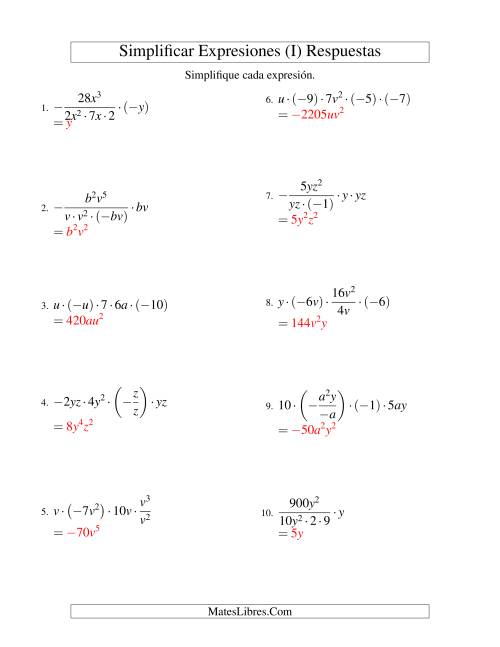 La hoja de ejercicios de Simplificar Expresiones Algebraicas, Multiplicación y División, Dos Variables, Cinco Términos (I) Página 2