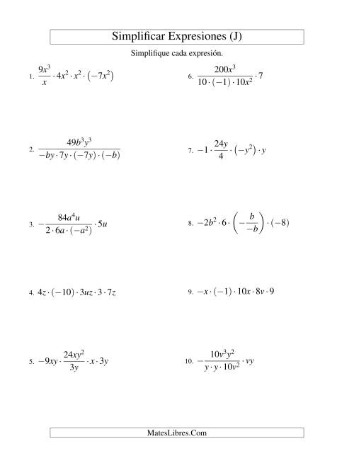 La hoja de ejercicios de Simplificar Expresiones Algebraicas, Multiplicación y División, Dos Variables, Cinco Términos (J)