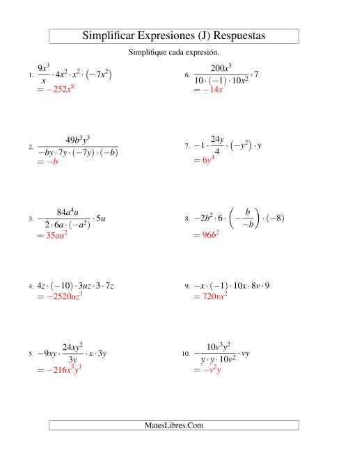 La hoja de ejercicios de Simplificar Expresiones Algebraicas, Multiplicación y División, Dos Variables, Cinco Términos (J) Página 2
