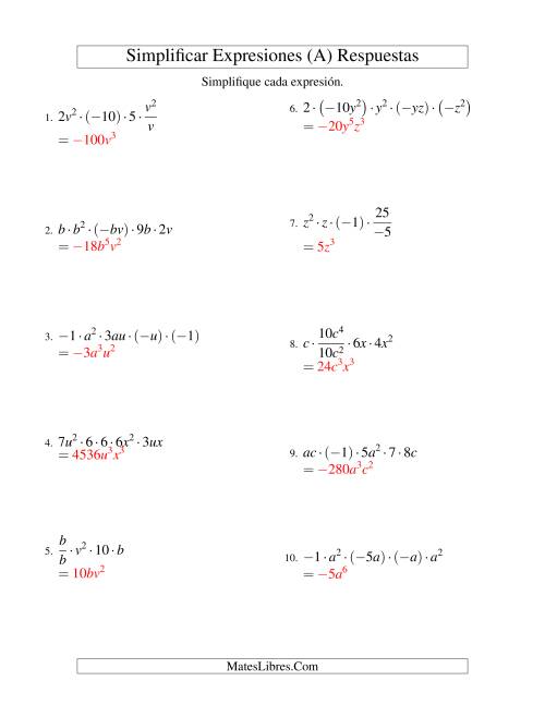 La hoja de ejercicios de Simplificar Expresiones Algebraicas, Multiplicación y División, Dos Variables, Cinco Términos (Todas) Página 2