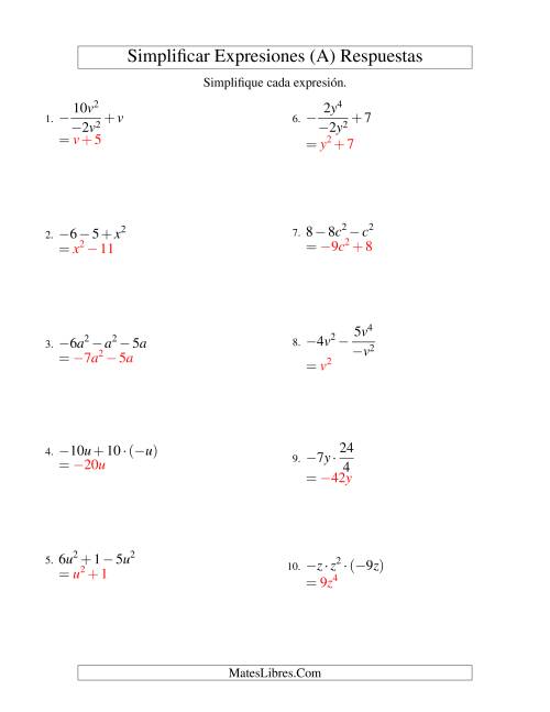 La hoja de ejercicios de Simplificar Expresiones Algebraicas, Todas las Operaciones, Una Variable, Tres Términos (A) Página 2