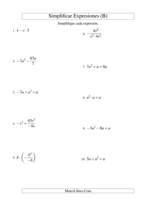 La hoja de ejercicios de Simplificar Expresiones Algebraicas, Todas las Operaciones, Una Variable, Tres Términos (B)