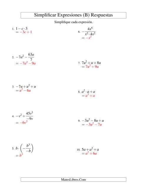 La hoja de ejercicios de Simplificar Expresiones Algebraicas, Todas las Operaciones, Una Variable, Tres Términos (B) Página 2