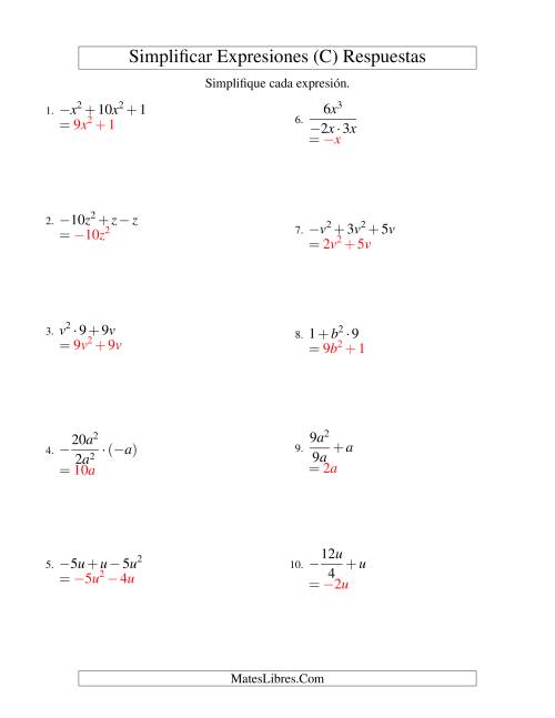 La hoja de ejercicios de Simplificar Expresiones Algebraicas, Todas las Operaciones, Una Variable, Tres Términos (C) Página 2