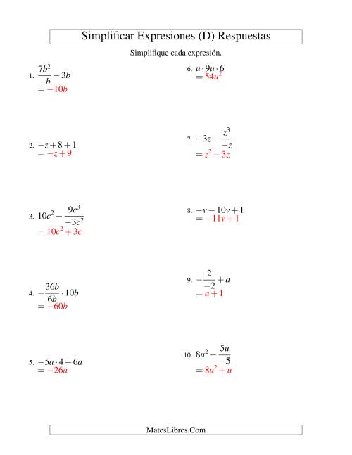 La hoja de ejercicios de Simplificar Expresiones Algebraicas, Todas las Operaciones, Una Variable, Tres Términos (D) Página 2