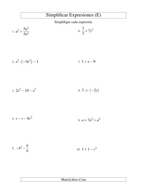 La hoja de ejercicios de Simplificar Expresiones Algebraicas, Todas las Operaciones, Una Variable, Tres Términos (E)
