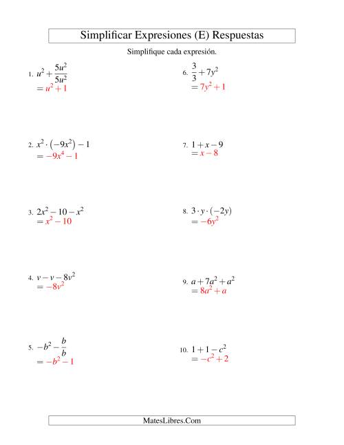 La hoja de ejercicios de Simplificar Expresiones Algebraicas, Todas las Operaciones, Una Variable, Tres Términos (E) Página 2