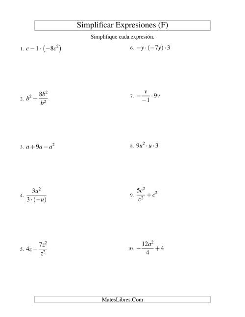 La hoja de ejercicios de Simplificar Expresiones Algebraicas, Todas las Operaciones, Una Variable, Tres Términos (F)