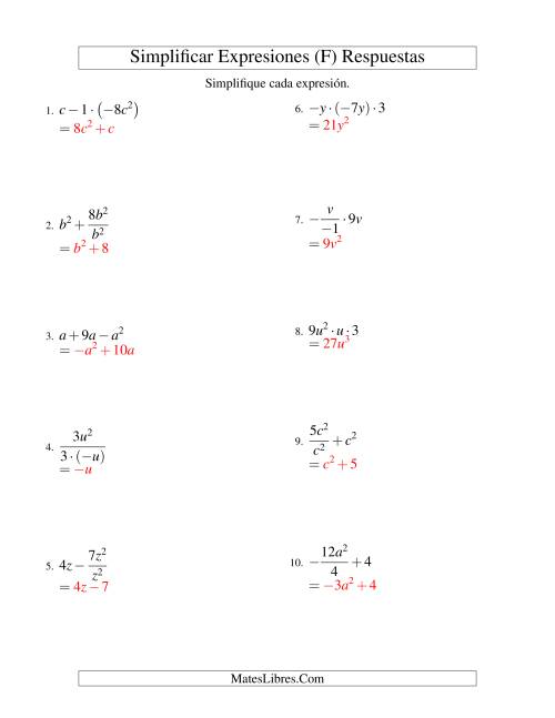 La hoja de ejercicios de Simplificar Expresiones Algebraicas, Todas las Operaciones, Una Variable, Tres Términos (F) Página 2