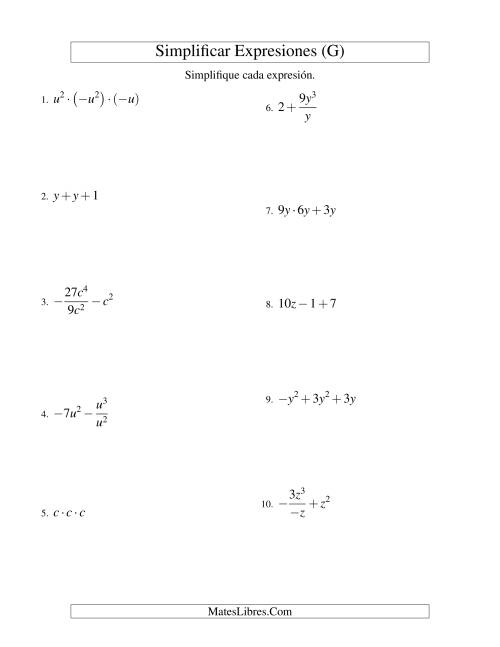 La hoja de ejercicios de Simplificar Expresiones Algebraicas, Todas las Operaciones, Una Variable, Tres Términos (G)