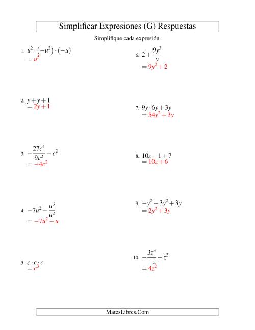 La hoja de ejercicios de Simplificar Expresiones Algebraicas, Todas las Operaciones, Una Variable, Tres Términos (G) Página 2