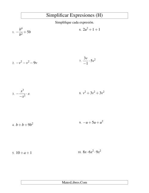 La hoja de ejercicios de Simplificar Expresiones Algebraicas, Todas las Operaciones, Una Variable, Tres Términos (H)