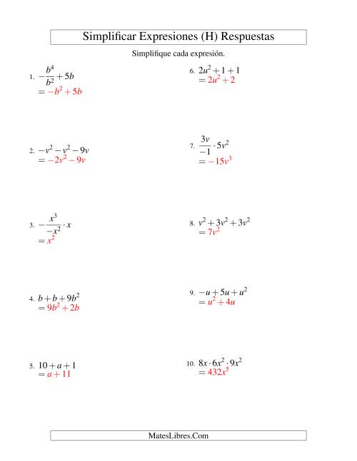 La hoja de ejercicios de Simplificar Expresiones Algebraicas, Todas las Operaciones, Una Variable, Tres Términos (H) Página 2