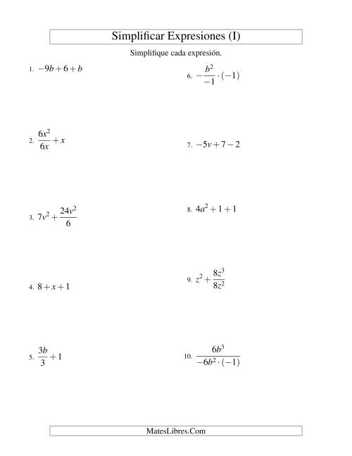 La hoja de ejercicios de Simplificar Expresiones Algebraicas, Todas las Operaciones, Una Variable, Tres Términos (I)