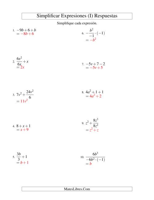 La hoja de ejercicios de Simplificar Expresiones Algebraicas, Todas las Operaciones, Una Variable, Tres Términos (I) Página 2