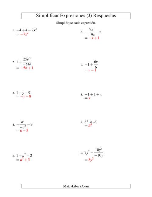 La hoja de ejercicios de Simplificar Expresiones Algebraicas, Todas las Operaciones, Una Variable, Tres Términos (J) Página 2