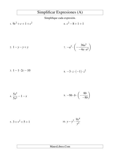 La hoja de ejercicios de Simplificar Expresiones Algebraicas, Todas las Operaciones, Una Variable, Cuatro Términos (A)