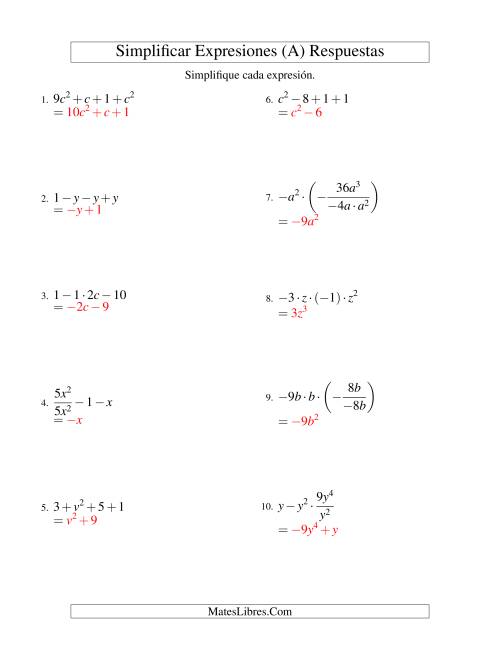 La hoja de ejercicios de Simplificar Expresiones Algebraicas, Todas las Operaciones, Una Variable, Cuatro Términos (A) Página 2
