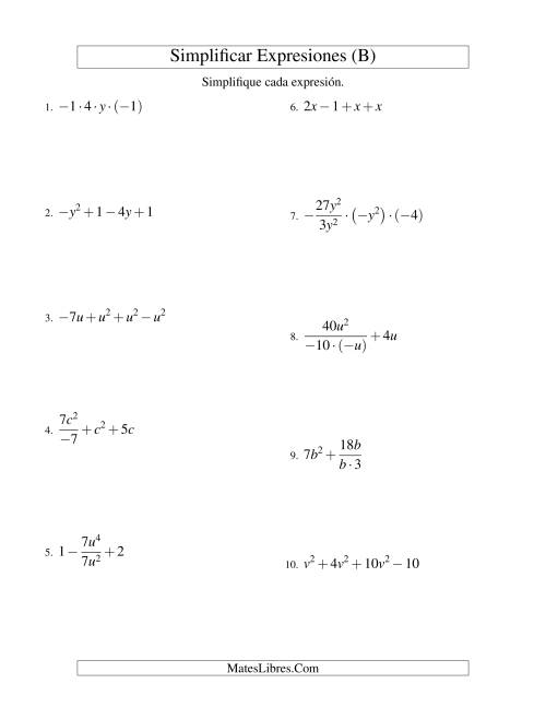 La hoja de ejercicios de Simplificar Expresiones Algebraicas, Todas las Operaciones, Una Variable, Cuatro Términos (B)