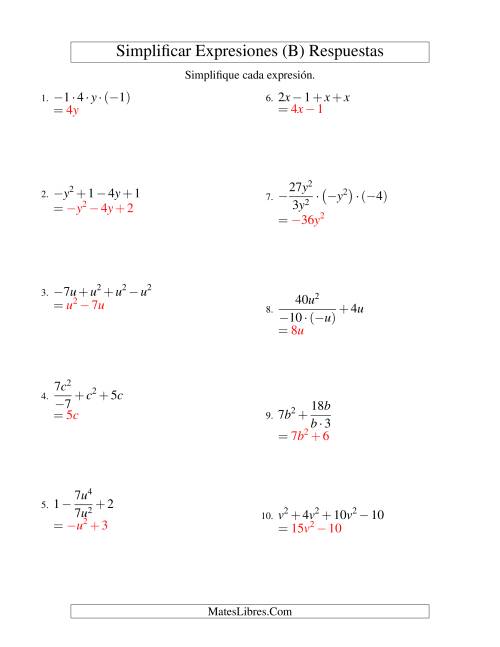 La hoja de ejercicios de Simplificar Expresiones Algebraicas, Todas las Operaciones, Una Variable, Cuatro Términos (B) Página 2