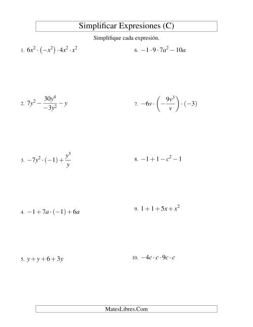La hoja de ejercicios de Simplificar Expresiones Algebraicas, Todas las Operaciones, Una Variable, Cuatro Términos (C)
