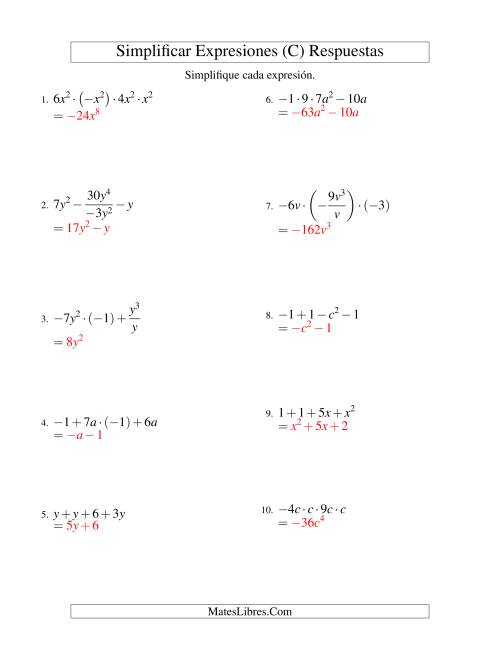 La hoja de ejercicios de Simplificar Expresiones Algebraicas, Todas las Operaciones, Una Variable, Cuatro Términos (C) Página 2