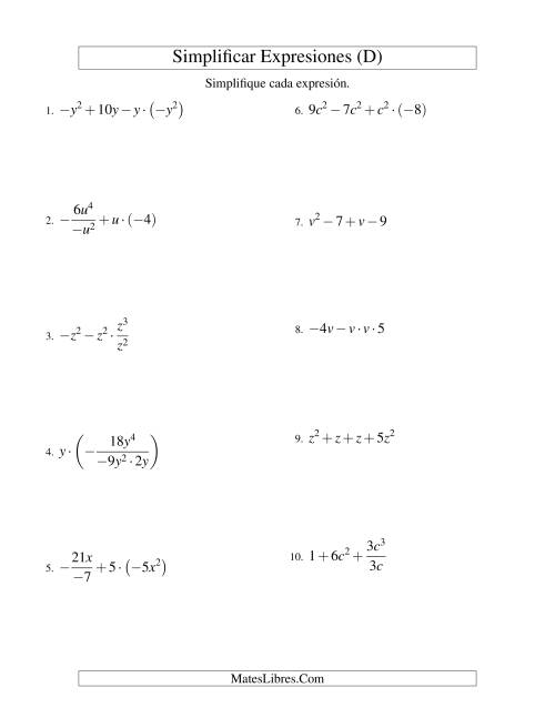 La hoja de ejercicios de Simplificar Expresiones Algebraicas, Todas las Operaciones, Una Variable, Cuatro Términos (D)