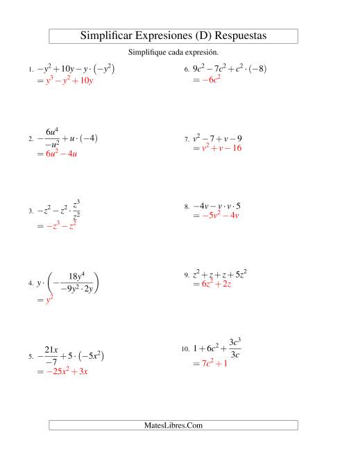 La hoja de ejercicios de Simplificar Expresiones Algebraicas, Todas las Operaciones, Una Variable, Cuatro Términos (D) Página 2