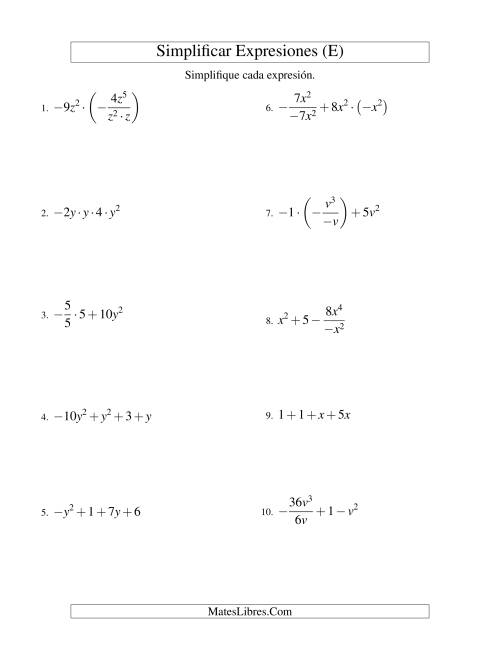 La hoja de ejercicios de Simplificar Expresiones Algebraicas, Todas las Operaciones, Una Variable, Cuatro Términos (E)