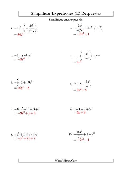 La hoja de ejercicios de Simplificar Expresiones Algebraicas, Todas las Operaciones, Una Variable, Cuatro Términos (E) Página 2