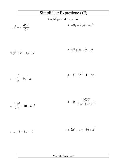 La hoja de ejercicios de Simplificar Expresiones Algebraicas, Todas las Operaciones, Una Variable, Cuatro Términos (F)