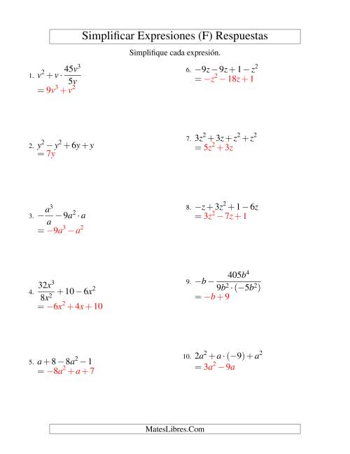 La hoja de ejercicios de Simplificar Expresiones Algebraicas, Todas las Operaciones, Una Variable, Cuatro Términos (F) Página 2