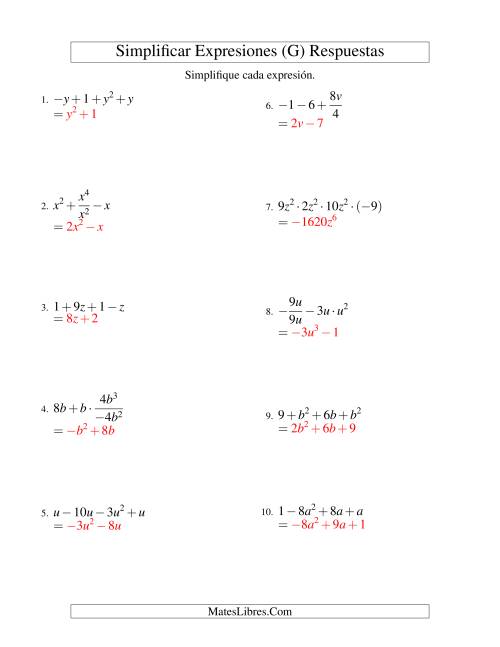 La hoja de ejercicios de Simplificar Expresiones Algebraicas, Todas las Operaciones, Una Variable, Cuatro Términos (G) Página 2