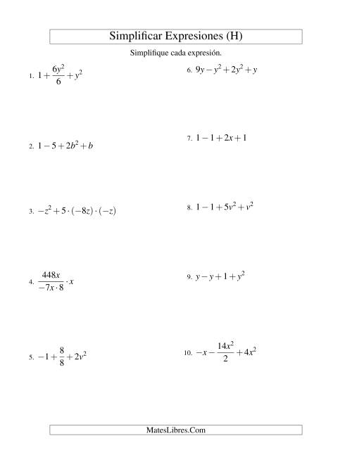 La hoja de ejercicios de Simplificar Expresiones Algebraicas, Todas las Operaciones, Una Variable, Cuatro Términos (H)