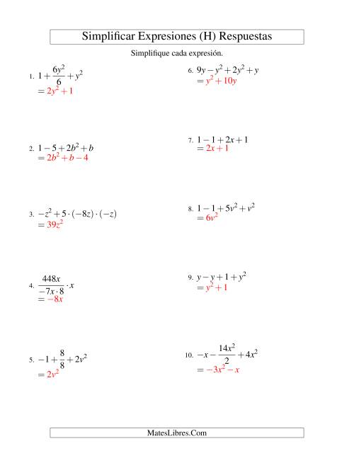 La hoja de ejercicios de Simplificar Expresiones Algebraicas, Todas las Operaciones, Una Variable, Cuatro Términos (H) Página 2