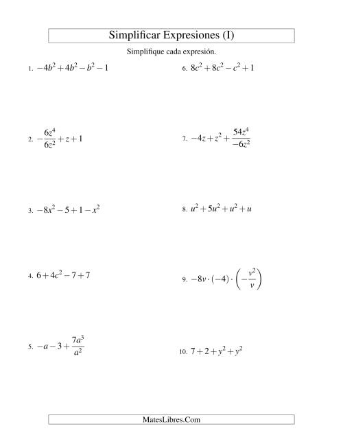 La hoja de ejercicios de Simplificar Expresiones Algebraicas, Todas las Operaciones, Una Variable, Cuatro Términos (I)