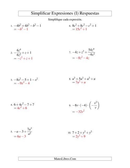 La hoja de ejercicios de Simplificar Expresiones Algebraicas, Todas las Operaciones, Una Variable, Cuatro Términos (I) Página 2
