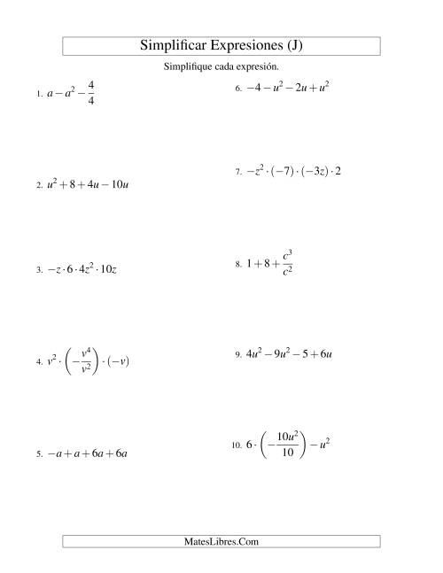 La hoja de ejercicios de Simplificar Expresiones Algebraicas, Todas las Operaciones, Una Variable, Cuatro Términos (J)