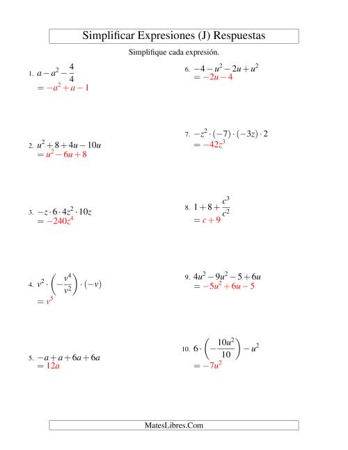 La hoja de ejercicios de Simplificar Expresiones Algebraicas, Todas las Operaciones, Una Variable, Cuatro Términos (J) Página 2