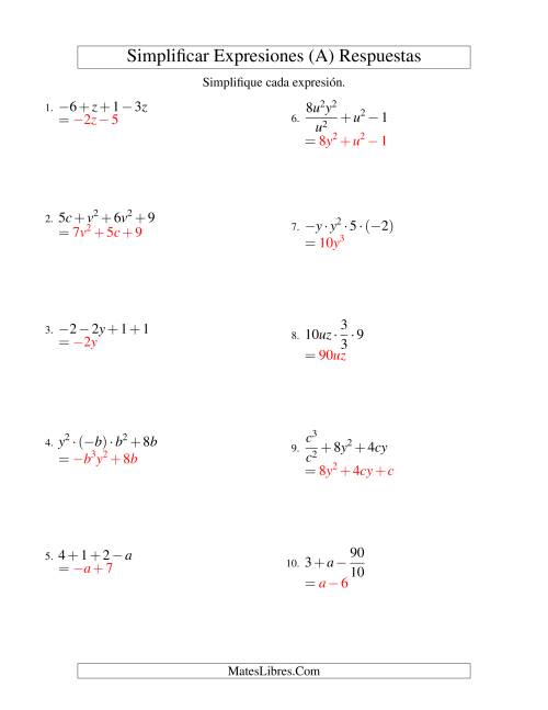 La hoja de ejercicios de Simplificar Expresiones Algebraicas, Todas las Operaciones, Dos Variables, Cuatro Términos (A) Página 2