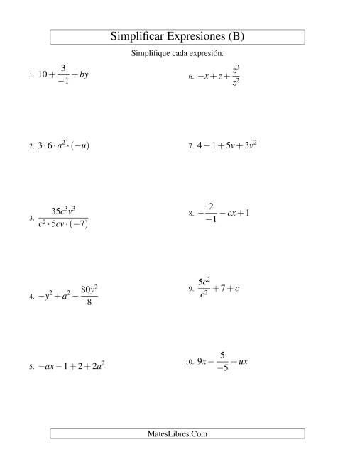 La hoja de ejercicios de Simplificar Expresiones Algebraicas, Todas las Operaciones, Dos Variables, Cuatro Términos (B)