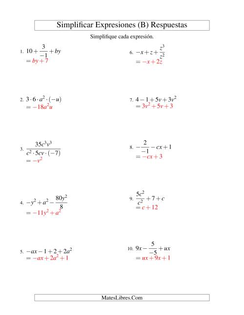 La hoja de ejercicios de Simplificar Expresiones Algebraicas, Todas las Operaciones, Dos Variables, Cuatro Términos (B) Página 2