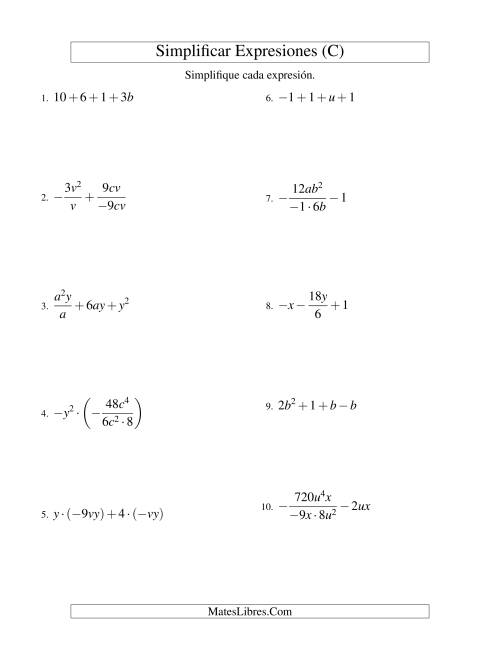 La hoja de ejercicios de Simplificar Expresiones Algebraicas, Todas las Operaciones, Dos Variables, Cuatro Términos (C)