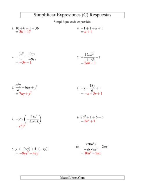 La hoja de ejercicios de Simplificar Expresiones Algebraicas, Todas las Operaciones, Dos Variables, Cuatro Términos (C) Página 2