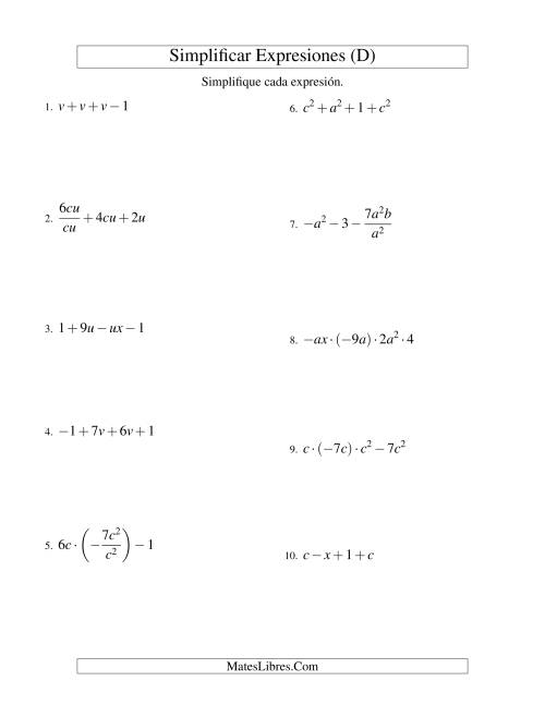 La hoja de ejercicios de Simplificar Expresiones Algebraicas, Todas las Operaciones, Dos Variables, Cuatro Términos (D)