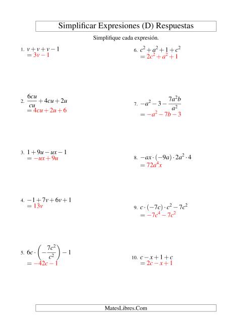 La hoja de ejercicios de Simplificar Expresiones Algebraicas, Todas las Operaciones, Dos Variables, Cuatro Términos (D) Página 2
