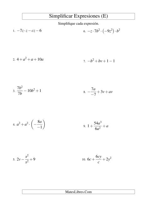 La hoja de ejercicios de Simplificar Expresiones Algebraicas, Todas las Operaciones, Dos Variables, Cuatro Términos (E)