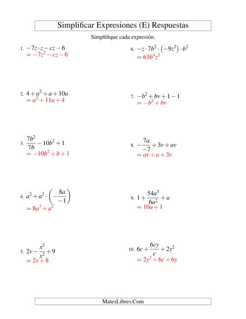 La hoja de ejercicios de Simplificar Expresiones Algebraicas, Todas las Operaciones, Dos Variables, Cuatro Términos (E) Página 2