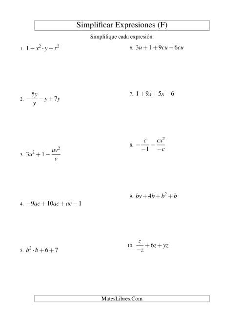 La hoja de ejercicios de Simplificar Expresiones Algebraicas, Todas las Operaciones, Dos Variables, Cuatro Términos (F)